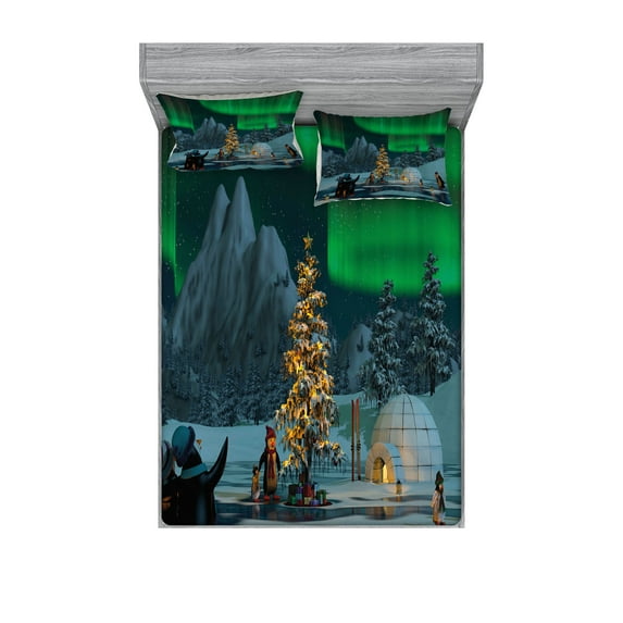 Ambesonne Nature Fitted Sheet & Pillow Sham Set, Penguins on Lake, Queen, Lime Green Grey