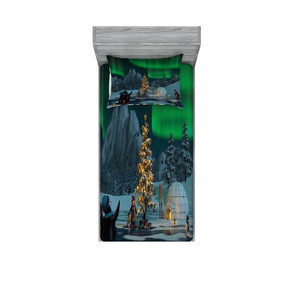 Ambesonne Nature Fitted Sheet & Pillow Sham Set, Penguins on Lake, Twinxl, Lime Green Grey