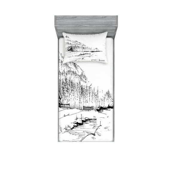Ambesonne Nature Fitted Sheet & Pillow Sham Set, Pine Forest Countryside, Twinxl, Black White