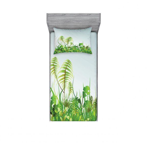 Ambesonne Nature Fitted Sheet & Pillow Sham Set, Plant Summer Garden, Twinxl, Green Blue