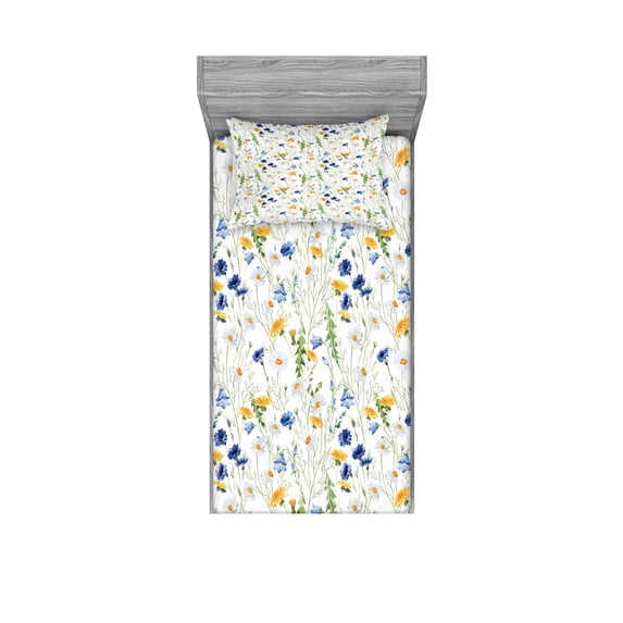 Ambesonne Nature Fitted Sheet & Pillow Sham Set, Poppies Daisies Rural, Twin, Pale Green Yellow Blue