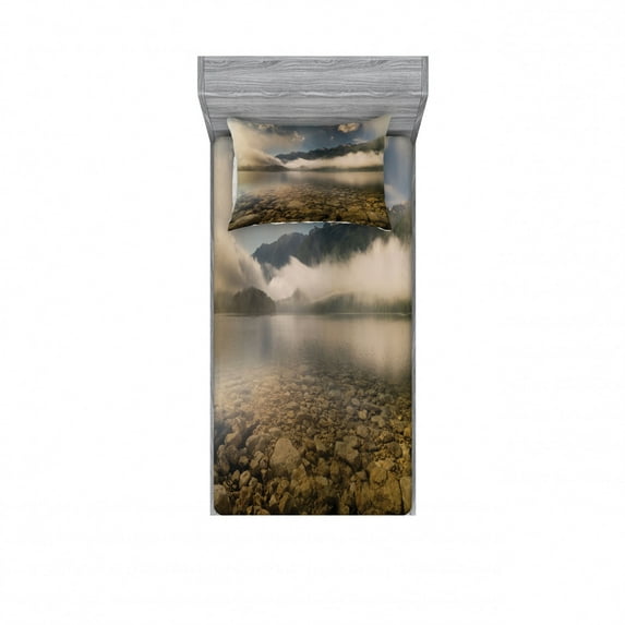 Ambesonne Nature Fitted Sheet & Pillow Sham Set, Reflections on Lake, Twin, Grey and White