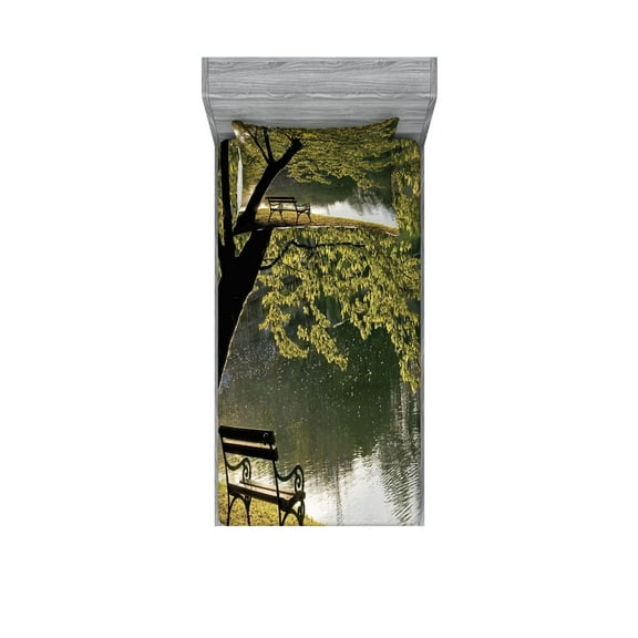 Ambesonne Nature Fitted Sheet & Pillow Sham Set, Resting at Riverside, Twin, Green