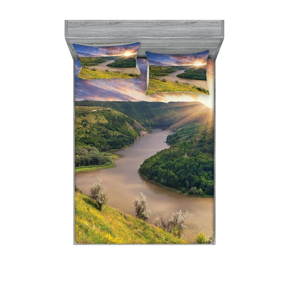 Ambesonne Nature Fitted Sheet & Pillow Sham Set, Rising Sun Calm River, Full, Multicolor