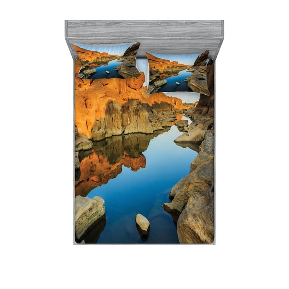 Ambesonne Nature Fitted Sheet & Pillow Sham Set, River Between Cliffs, Queen, Blue Orange
