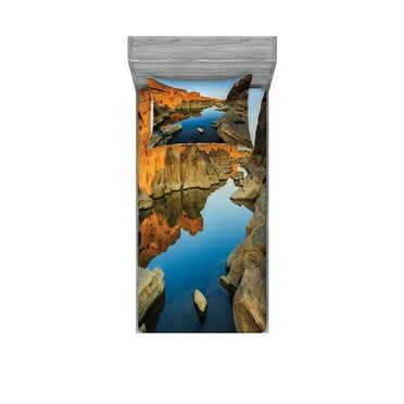Ambesonne Nature Fitted Sheet & Pillow Sham Set, River Between Cliffs, Twin, Blue Orange