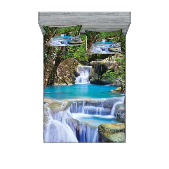 Ambesonne Nature Fitted Sheet & Pillow Sham Set, Rocks in Waterfall Lake, Full, Green Blue and Brown