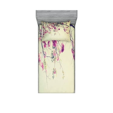 Ambesonne Nature Fitted Sheet & Pillow Sham Set, Sakura Cherry Blooms, Twin, Cream Fuchsia Brown