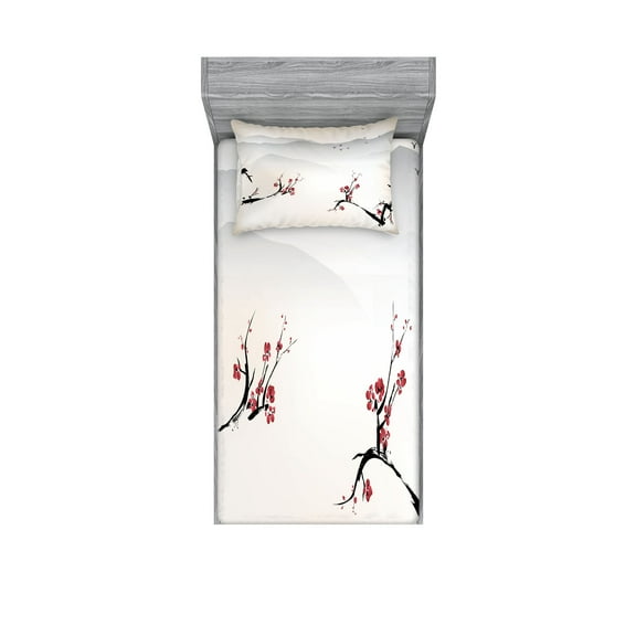 Ambesonne Nature Fitted Sheet & Pillow Sham Set, Sakura Flower and Gulls, Twinxl, Beige Red Black