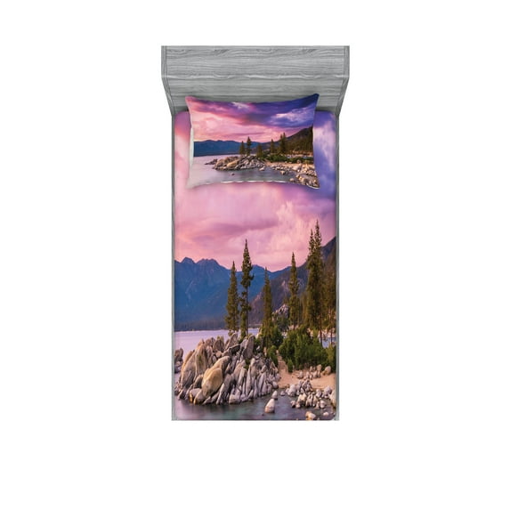 Ambesonne Nature Fitted Sheet & Pillow Sham Set, Secret Paradise Forest, Twinxl, Grey Pink