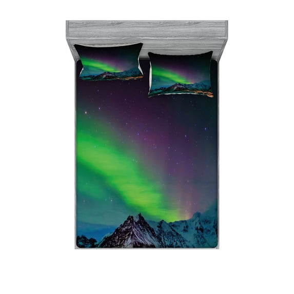 Ambesonne Nature Fitted Sheet & Pillow Sham Set, Sky Rocky Hill Wild, Full, Blue Violet Lime Green