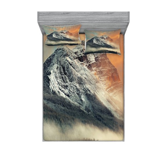 Ambesonne Nature Fitted Sheet & Pillow Sham Set, Snowy Peak Mountain, Queen, Grey Orange