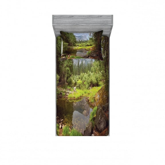 Ambesonne Nature Fitted Sheet & Pillow Sham Set, Spring Forest Mountain, Twinxl, Green