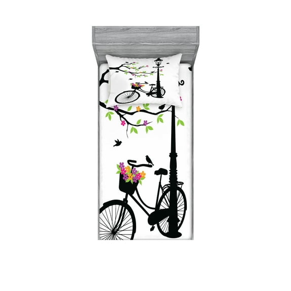 Ambesonne Nature Fitted Sheet & Pillow Sham Set, Spring Tree Birds Bike, Twin, Multicolor