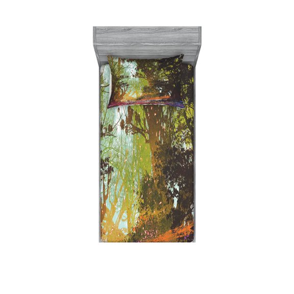 Ambesonne Nature Fitted Sheet & Pillow Sham Set, Spring with Fall Leaves, Twin, Multicolor