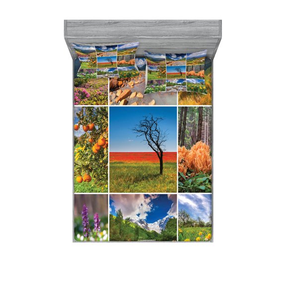 Ambesonne Nature Fitted Sheet & Pillow Sham Set, Springtime Countryside, Full, Multicolor