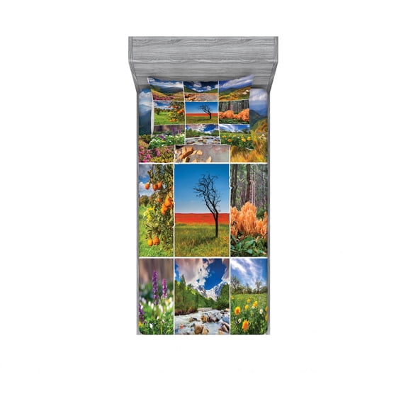 Ambesonne Nature Fitted Sheet & Pillow Sham Set, Springtime Countryside, Twinxl, Multicolor