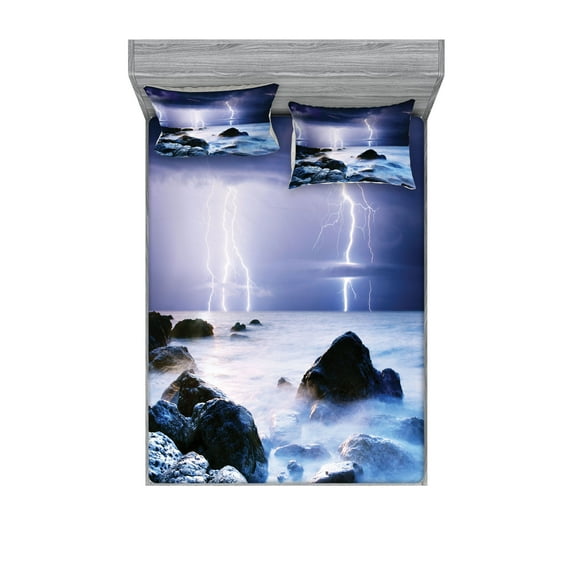 Ambesonne Nature Fitted Sheet & Pillow Sham Set, Stormy Weather in Summer, Full, Purple Grey