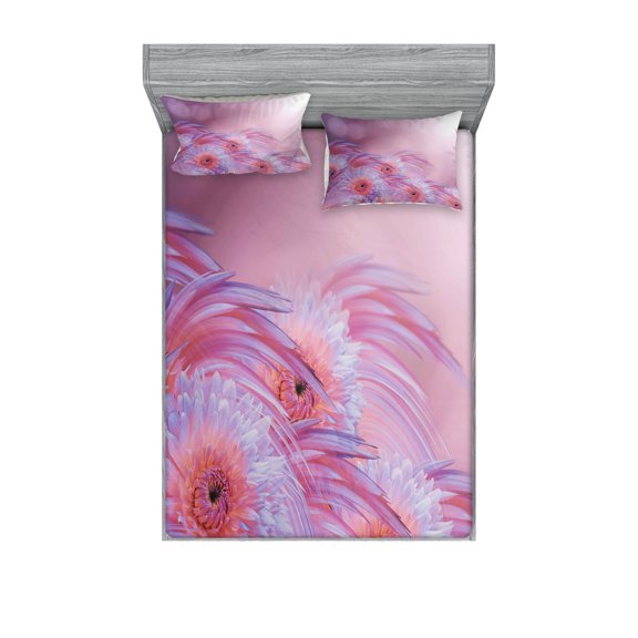 Ambesonne Nature Fitted Sheet & Pillow Sham Set, Summer Dahlia Flowers, Full, Pale Pink Lavender