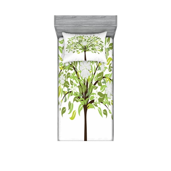 Ambesonne Nature Fitted Sheet & Pillow Sham Set, Summer Tree Blossoms, Twinxl, Green Brown White