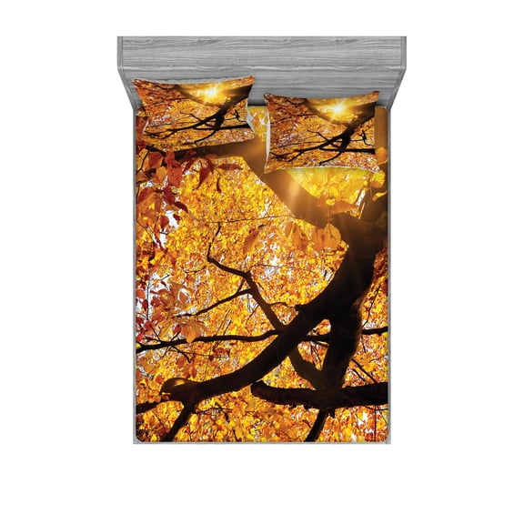 Ambesonne Nature Fitted Sheet & Pillow Sham Set, Sun in October Harvest, Full, Orange