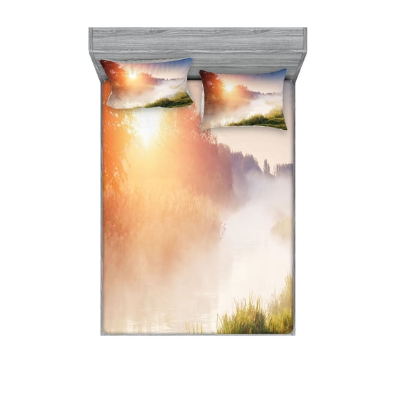 Ambesonne Nature Fitted Sheet & Pillow Sham Set, Sunbeams Foggy Mountain, Full, Multicolor