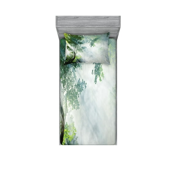 Ambesonne Nature Fitted Sheet & Pillow Sham Set, Sunbeams Shadows Idyllic, Twinxl, Green White