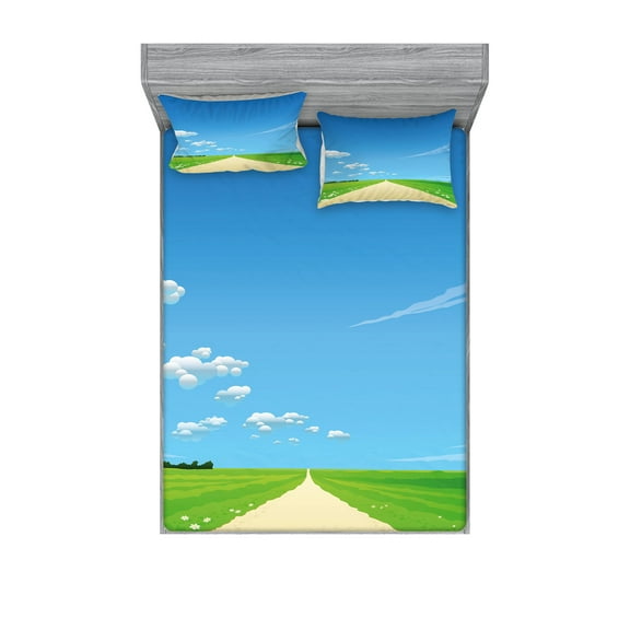 Ambesonne Nature Fitted Sheet & Pillow Sham Set, Sunny Sky Clouds Daisy, Queen, Sky Blue Green Cream