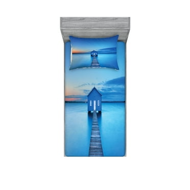 Ambesonne Nature Fitted Sheet & Pillow Sham Set, Sunrise Lakehouse Cabin, Twin, Blue Orange Grey