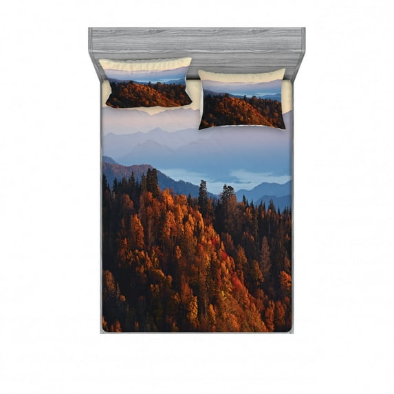 Ambesonne Nature Fitted Sheet & Pillow Sham Set, Sunrise Mountains, Queen, Multicolor