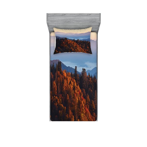 Ambesonne Nature Fitted Sheet & Pillow Sham Set, Sunrise Mountains, Twin, Multicolor