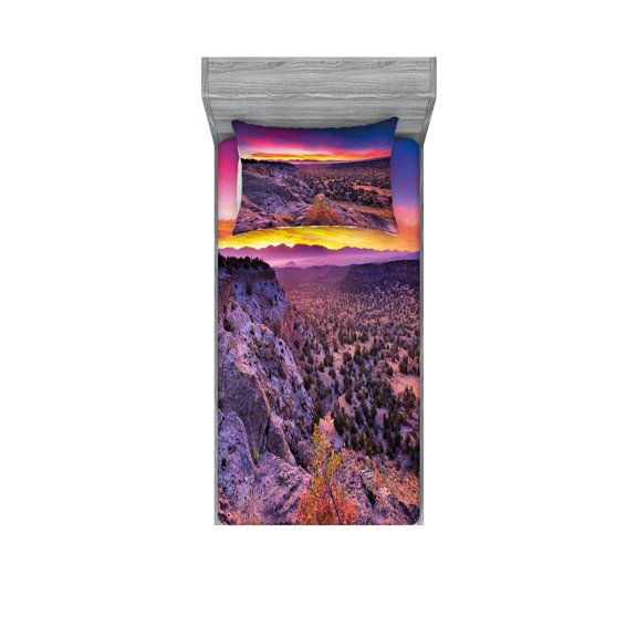 Ambesonne Nature Fitted Sheet & Pillow Sham Set, Sunrise Sky Horizon Dusk, Twin, Purple Blue