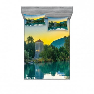 Ambesonne Nature Fitted Sheet & Pillow Sham Set, Sunrise at Lake, Queen, Blue Green