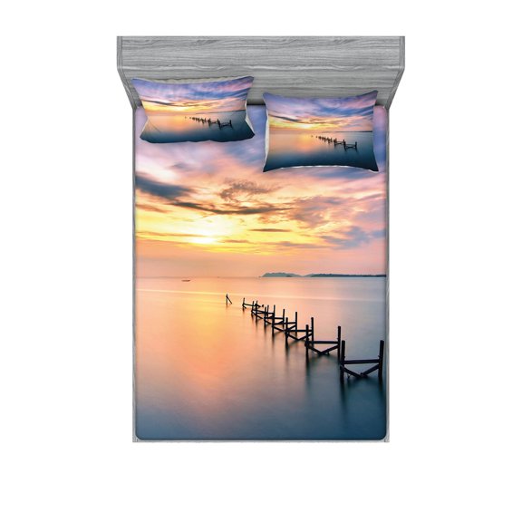 Ambesonne Nature Fitted Sheet & Pillow Sham Set, Sunset Abandoned Jetty, Full, Marigold Petrol Blue