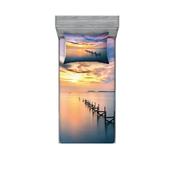 Ambesonne Nature Fitted Sheet & Pillow Sham Set, Sunset Abandoned Jetty, Twinxl, Marigold Petrol Blue