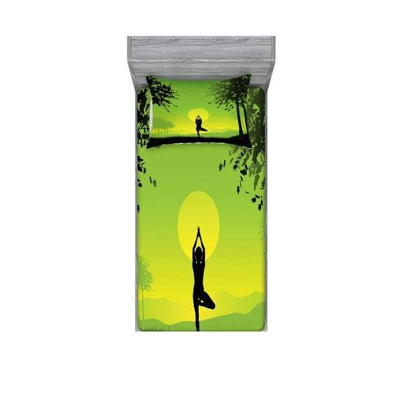 Ambesonne Nature Fitted Sheet & Pillow Sham Set, Sunset Sky in Forest, Twin, Green Black Yellow