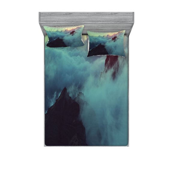 Ambesonne Nature Fitted Sheet & Pillow Sham Set, Sunset View on Hills, Full, Blue Brown