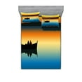 thumbnail image 1 of Ambesonne Nature Fitted Sheet & Pillow Sham Set, Sunset at Lake Fishing, Queen, Orange Blue, 1 of 2
