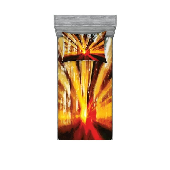 Ambesonne Nature Fitted Sheet & Pillow Sham Set, Sunset in the Forest, Twinxl, Yellow Orange