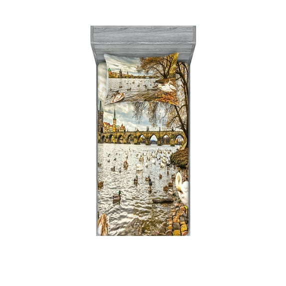 Ambesonne Nature Fitted Sheet & Pillow Sham Set, Swimming Swans in River, Twinxl, Multicolor