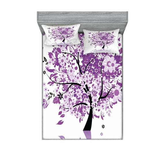 Ambesonne Nature Fitted Sheet & Pillow Sham Set, Tree of Life, Queen, Lilac Purple