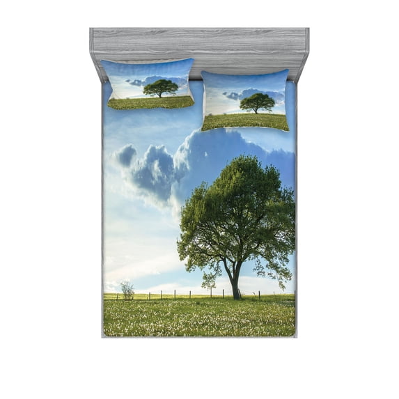 Ambesonne Nature Fitted Sheet & Pillow Sham Set, Tree on Field Summer, Full, Green Blue