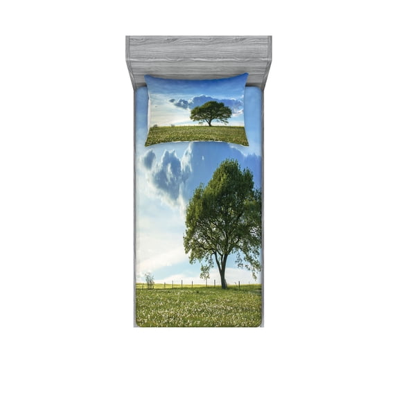 Ambesonne Nature Fitted Sheet & Pillow Sham Set, Tree on Field Summer, Twin, Green Blue