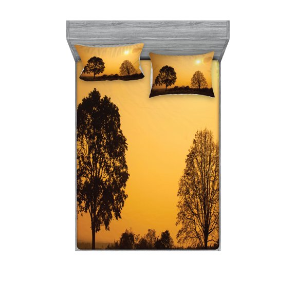 Ambesonne Nature Fitted Sheet & Pillow Sham Set, Tree on Sunset Twilight, Full, Orange Brown