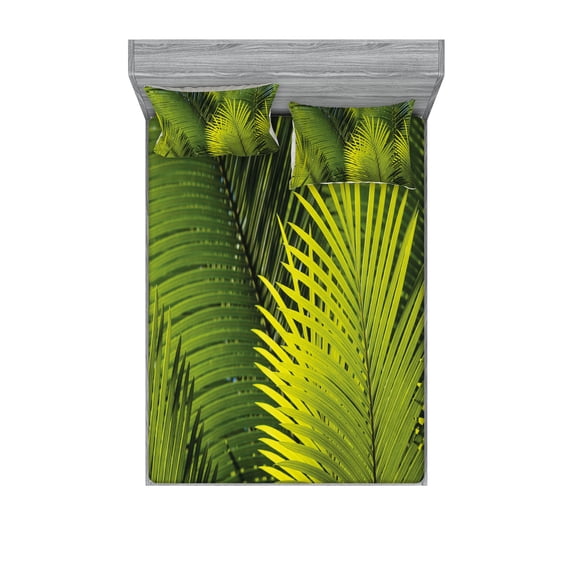 Ambesonne Nature Fitted Sheet & Pillow Sham Set, Tropical Foliage Leaf, Full, Fern Green