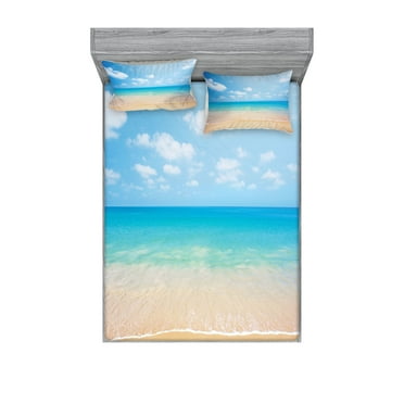 Ambesonne Nature Fitted Sheet & Pillow Sham Set, Tropical Sea Coast Sky, Queen, Cream Blue