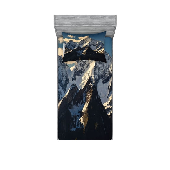 Ambesonne Nature Fitted Sheet & Pillow Sham Set, View of Alps Mountain, Twinxl, White Black Blue