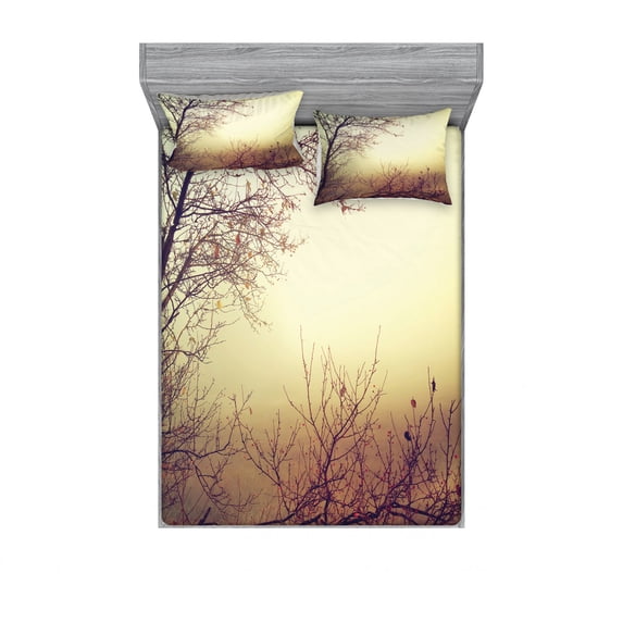 Ambesonne Nature Fitted Sheet & Pillow Sham Set, Vintage Leafless Autumn, Queen, Sepia