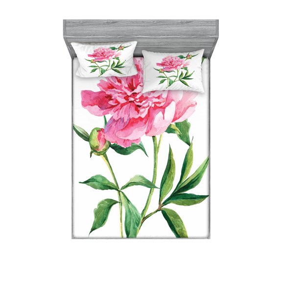 Ambesonne Nature Fitted Sheet & Pillow Sham Set, Vintage Peony, Queen, Pink White Green