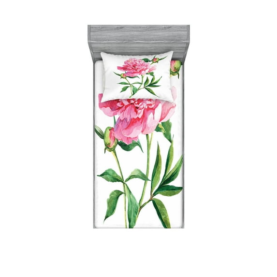 Ambesonne Nature Fitted Sheet & Pillow Sham Set, Vintage Peony, Twinxl, Pink White Green